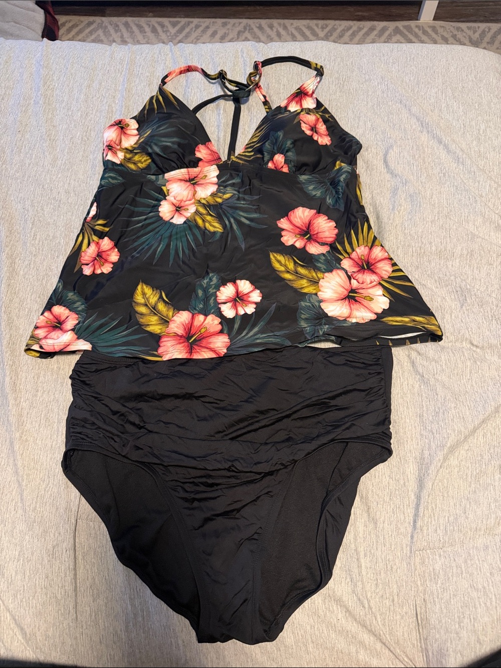 Shade & Shore Black Floral Tankini Bikini Set